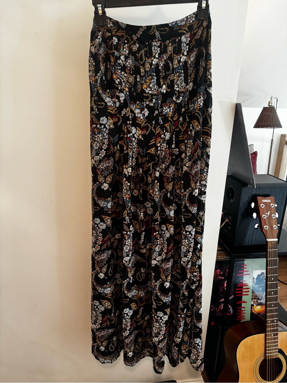 Anthropologie WAYF brand Black Floral Maxi Skirt with Multicolor Paisley Print